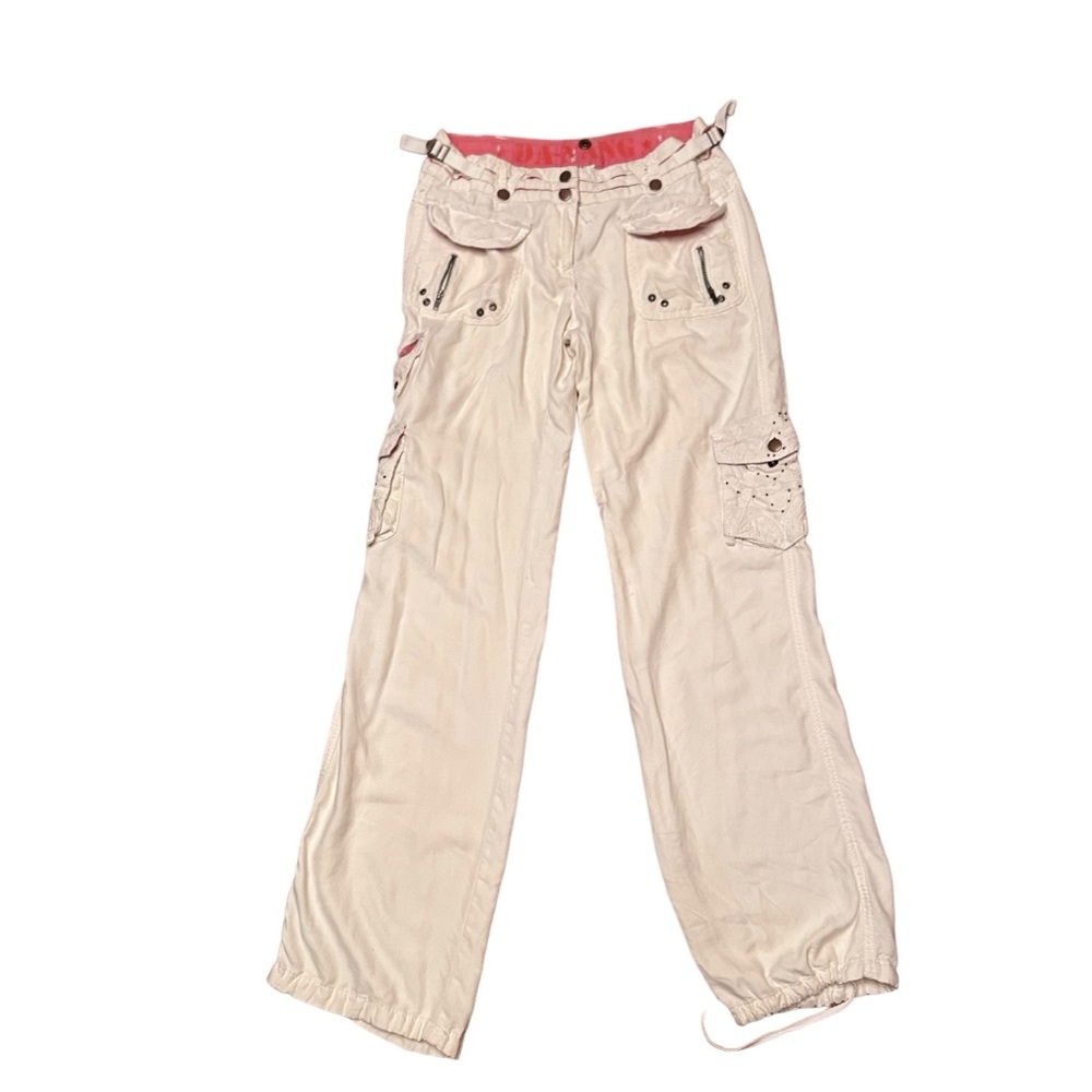 Vintage Da nang White Silk Cargo Pants with Studded Cargo Pockets